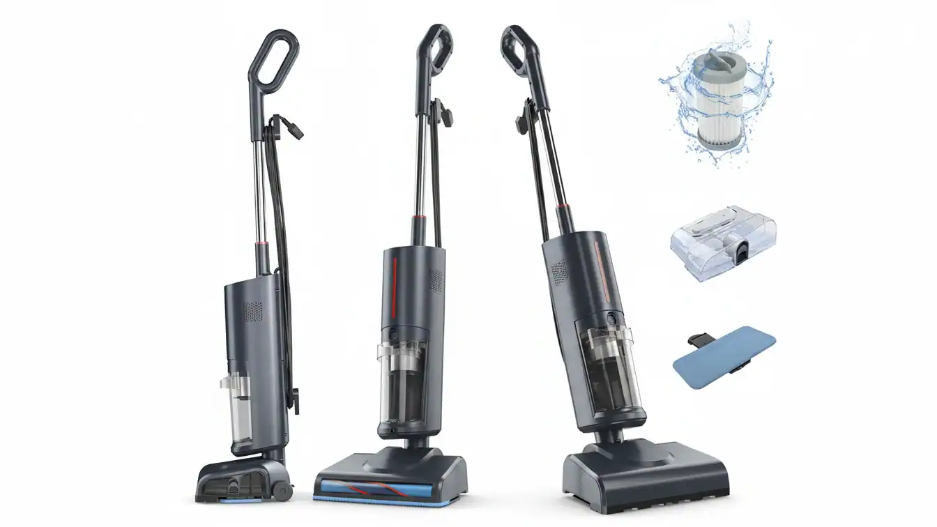 Tres aspiradoras en diferentes posiciones con accesorios que incluyen un filtro, un depósito de agua y una mopa.