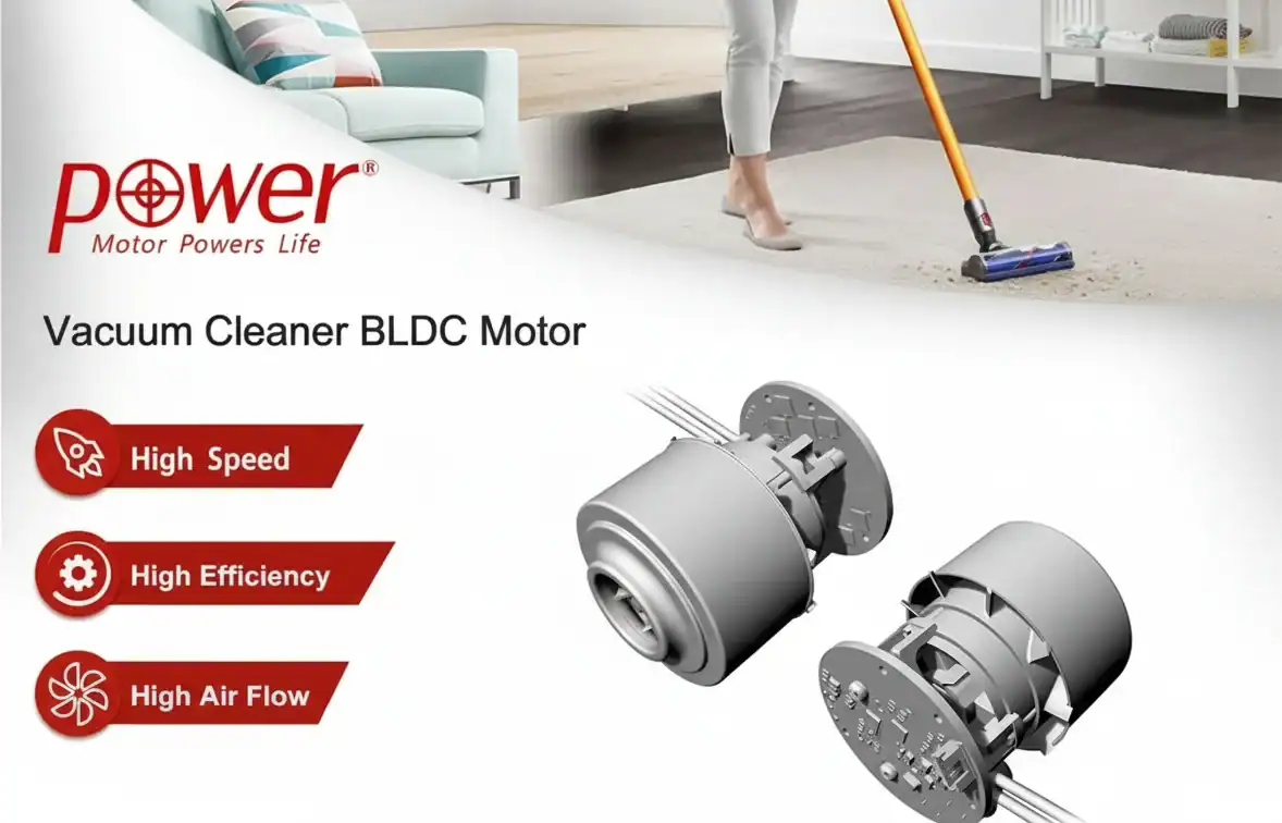 Propaganda com motor BLDC de aspirador de pó com alta velocidade, eficiência e fluxo de ar. Pessoa usando um aspirador de pó em um carpete.