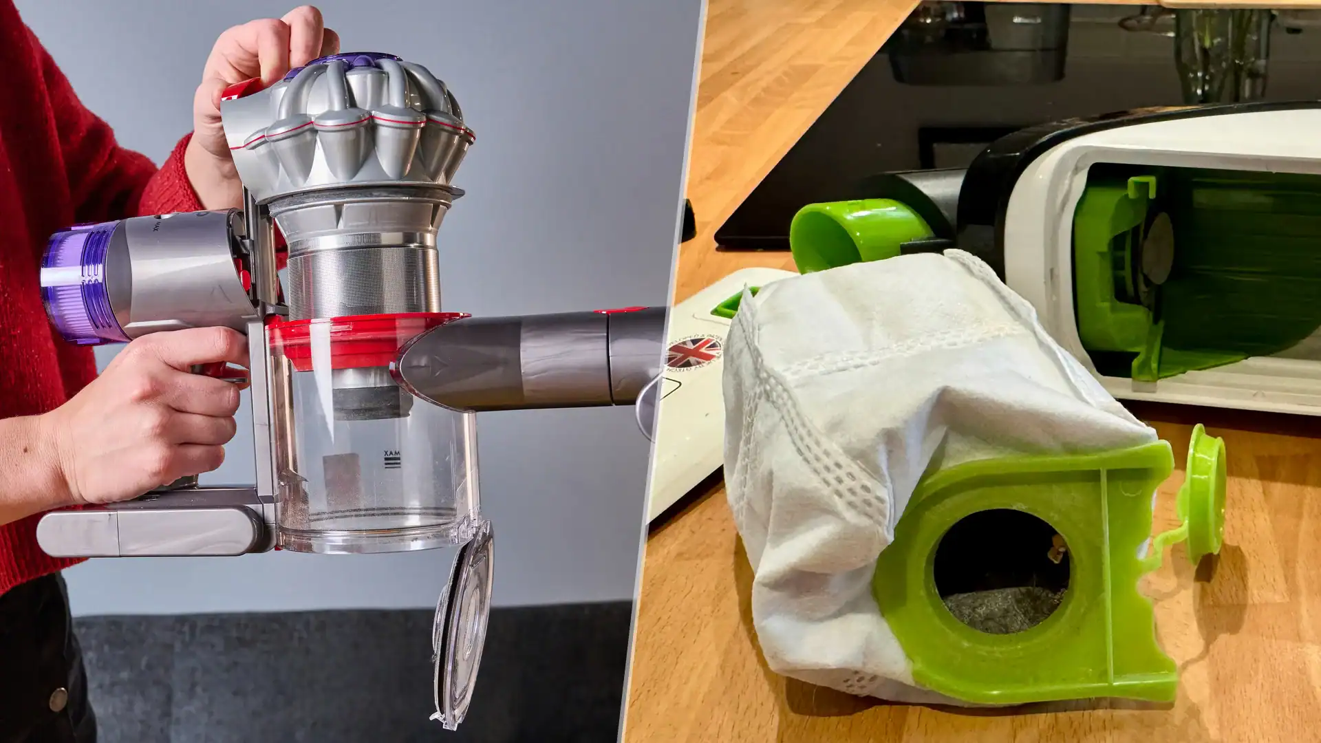 Aspirador de pó Dyson com acessórios na mão, acessório moderno para limpeza de carros.