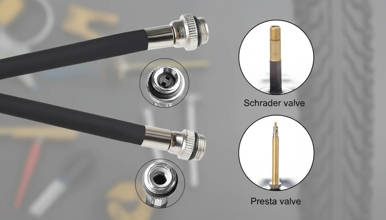 Close-up of bicycle pump hose adapter with Schrader and Presta valves. Two black hoses with metal connectors on a blurred background.
