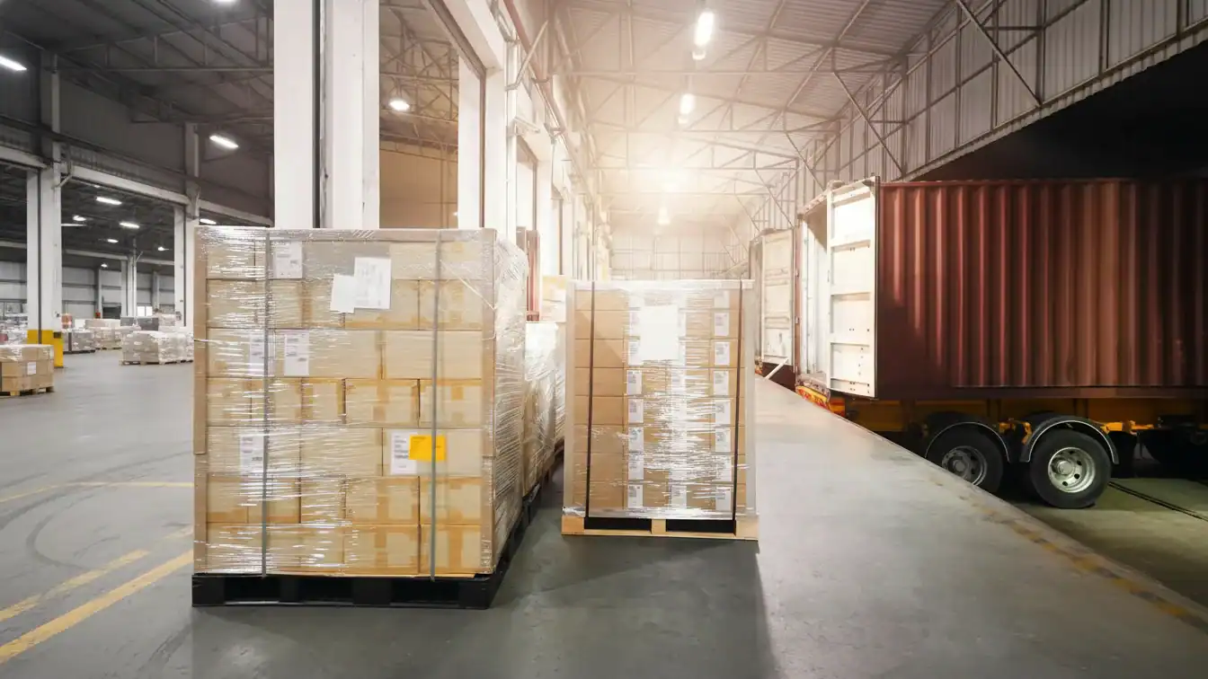 Carga de veículos pesados em um depósito.