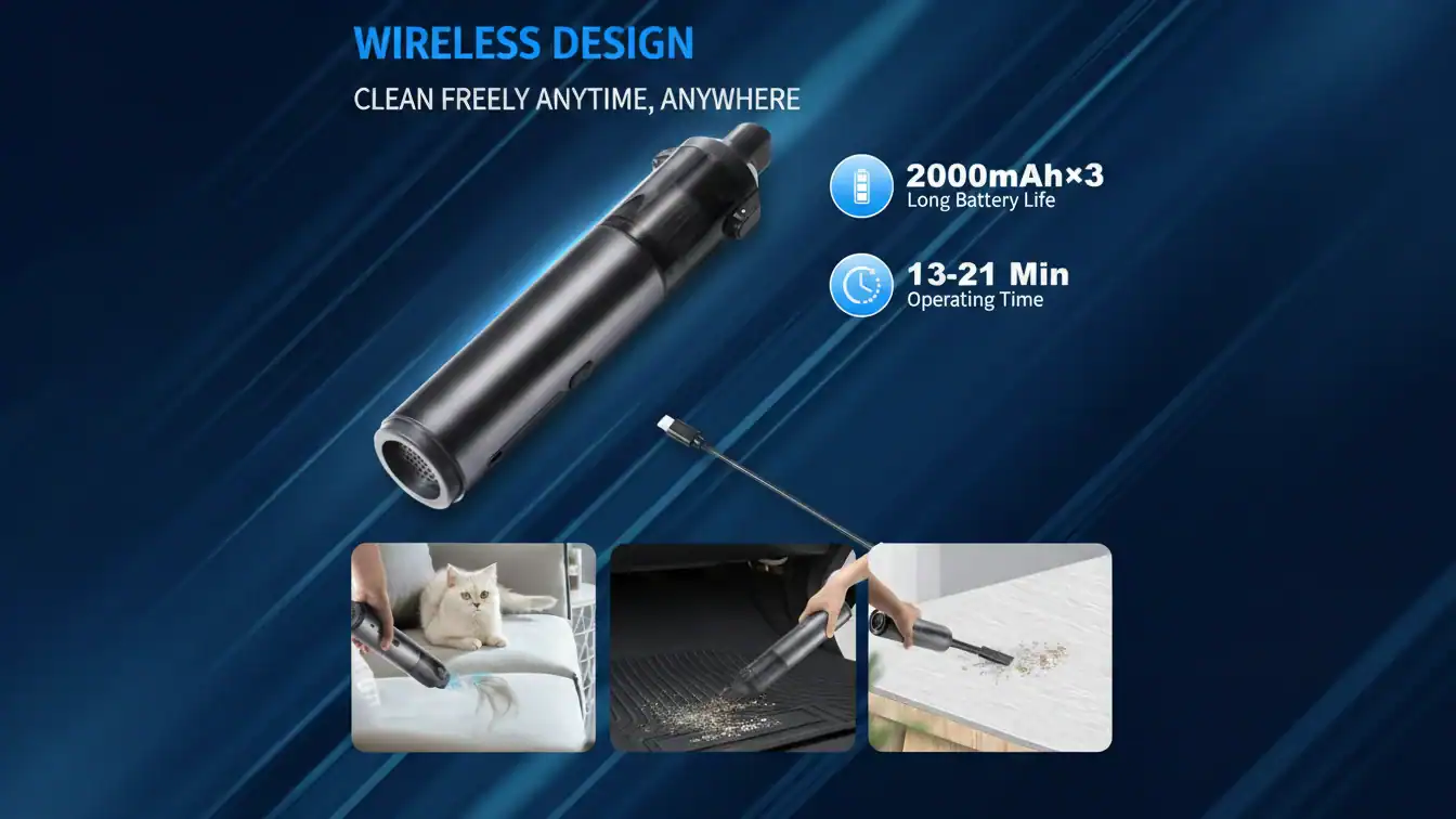 2000mAh 배터리와 13~21분 작동 시간을 갖춘 검은색 무선 휴대용 진공청소기로 반려동물의 털, 자동차 매트, 먼지를 청소하는 모습을 보여줍니다.
