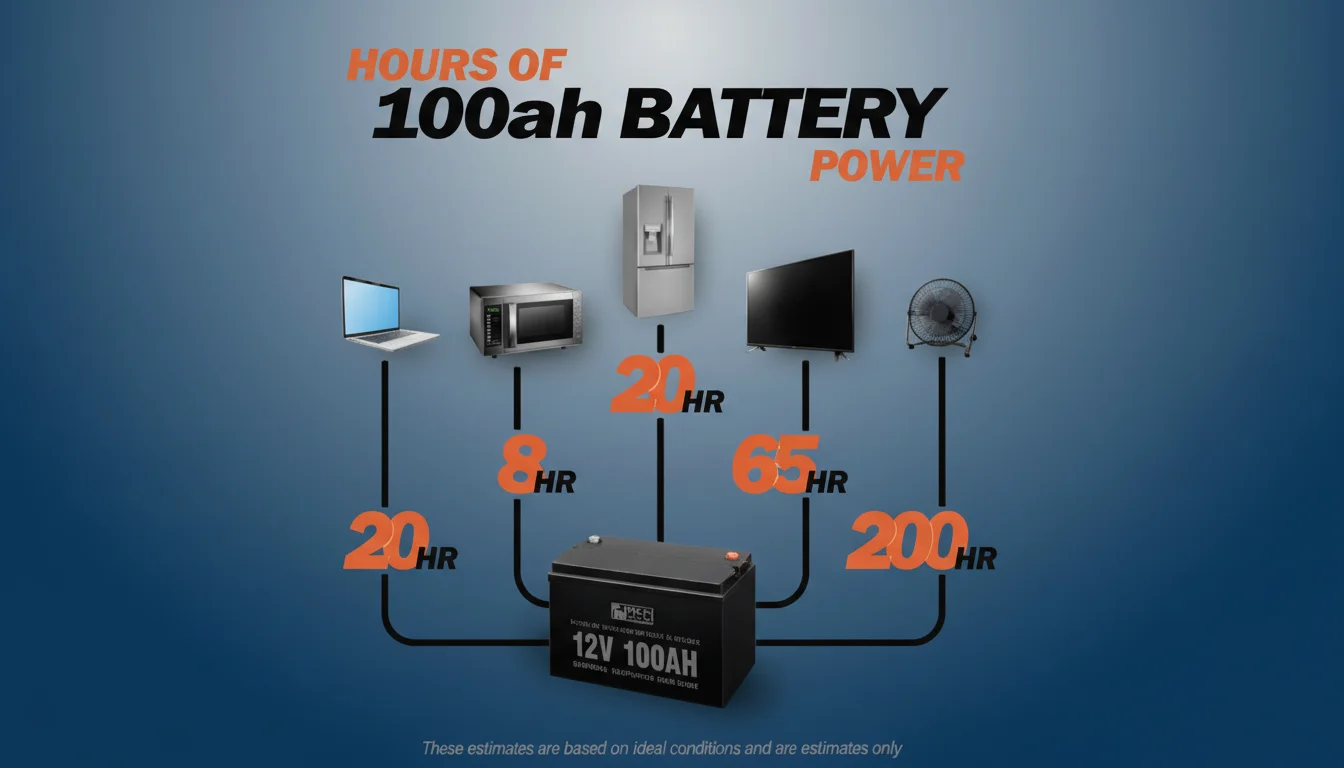Chart showing usage hours of 100ah battery with laptop, microwave, refrigerator, TV, and fan. Includes performance estimates.