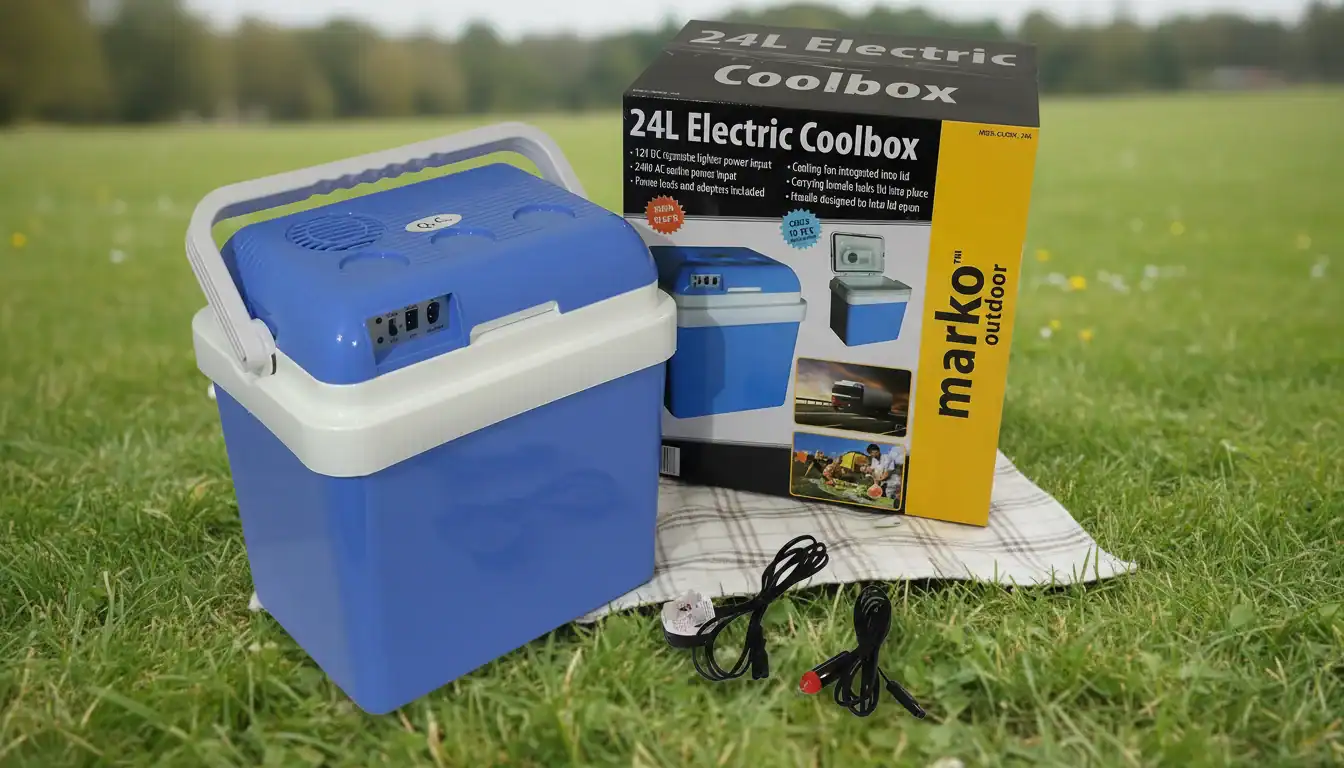 Caixa térmica elétrica azul de 24L com embalagem, exposta ao ar livre na grama com uma manta de piquenique e cabos próximos.