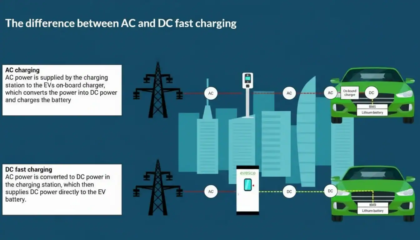 Illustration showing the difference between AC and DC fast charging methods for electric vehicles, highlighting power conversion processes.