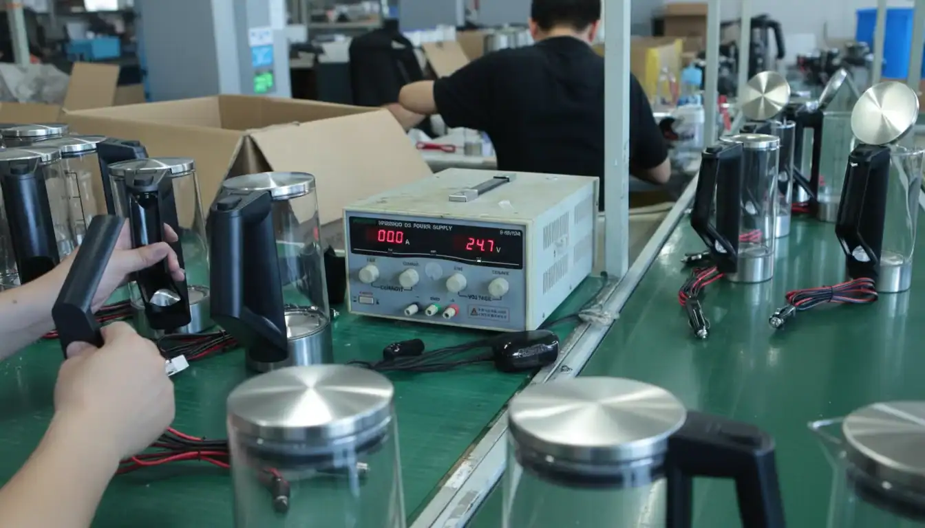 KelyLands Car Accessory manufacturing workspace with electronic testing equipment.