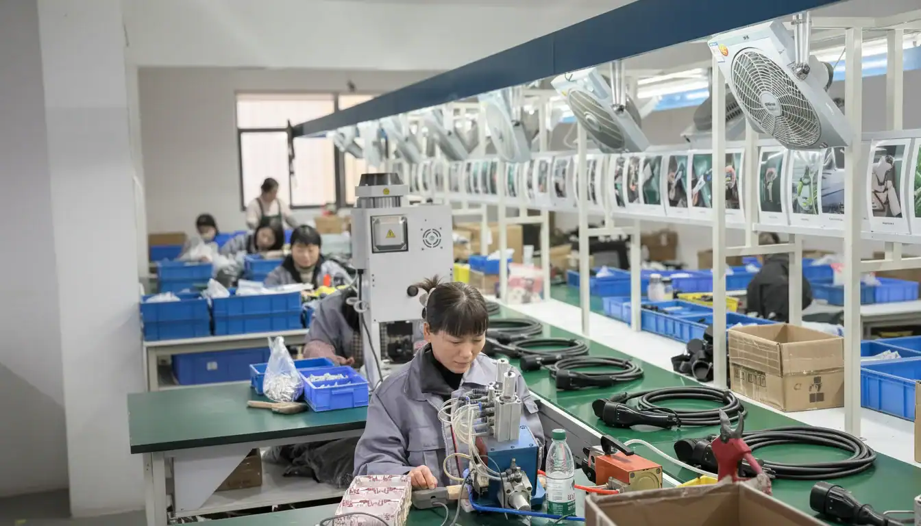 Car accessories manufacturing assembly line in a factory setting.