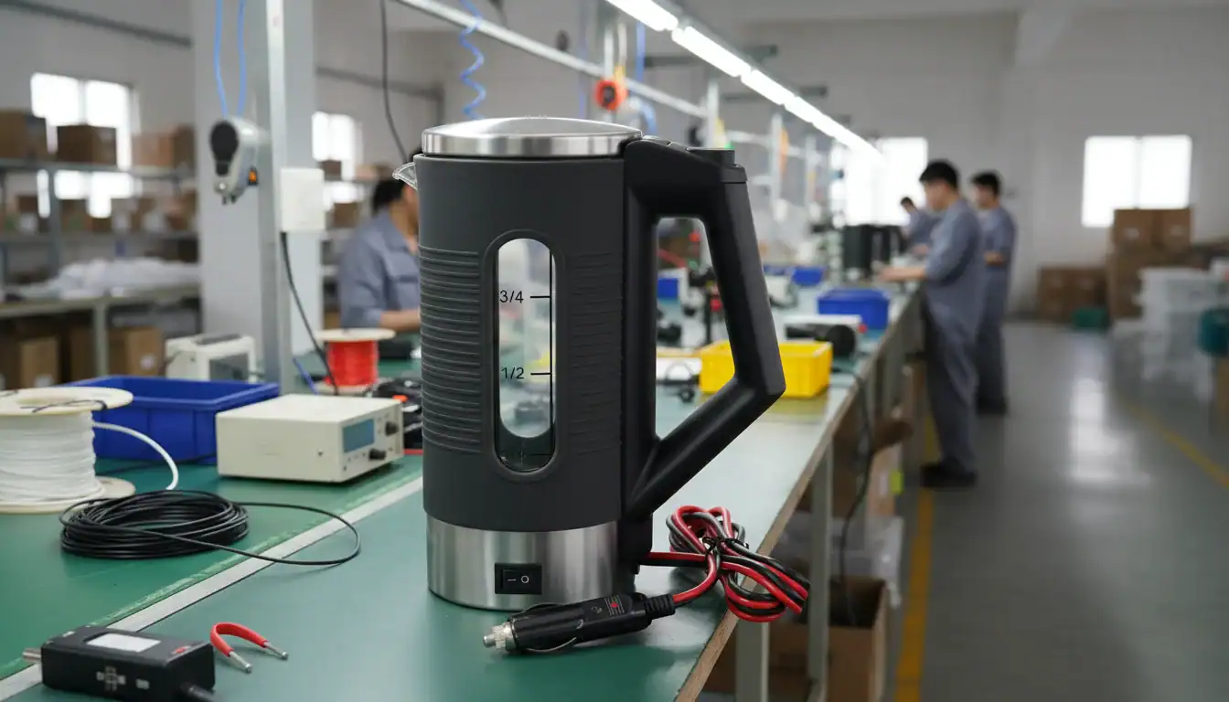 A black automotive electric kettle on a factory assembly line, surrounded by electronic equipment and power cords.