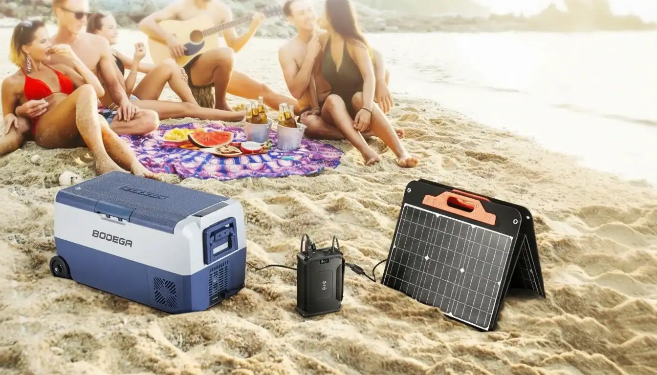 Generador solar portátil y banco de energía con panel solar en una playa de arena durante el día.