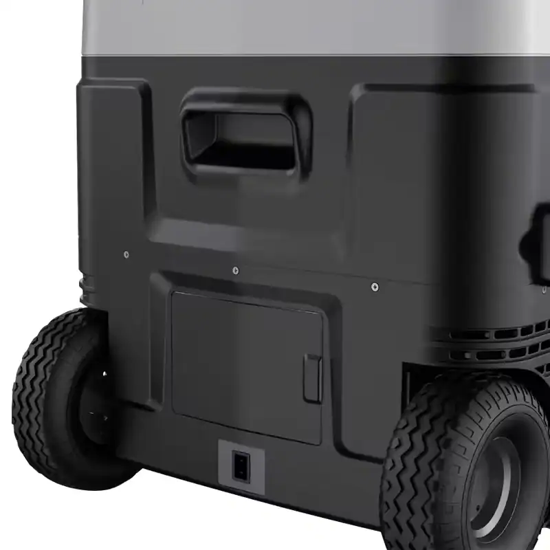 Portable cooler with wheels, ideal for outdoor car trips and camping accessories.