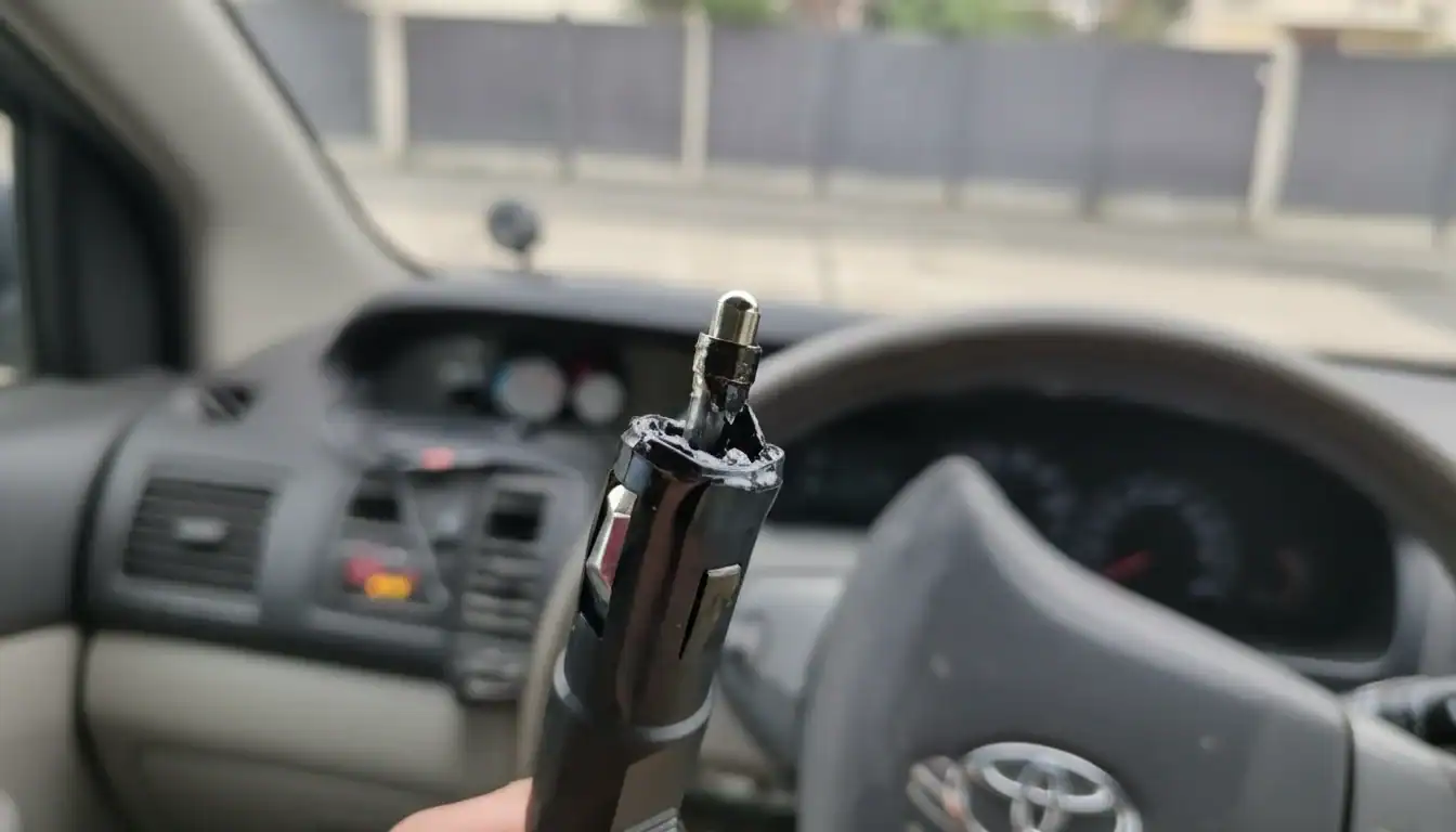 Portable car air purifier with USB charging port inside a vehicle.