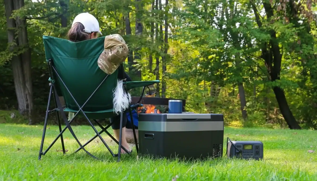 Auto-Outdoor-Camping-Zubehör mit Kühlbox und tragbarem Lautsprecher in einer Waldlandschaft.