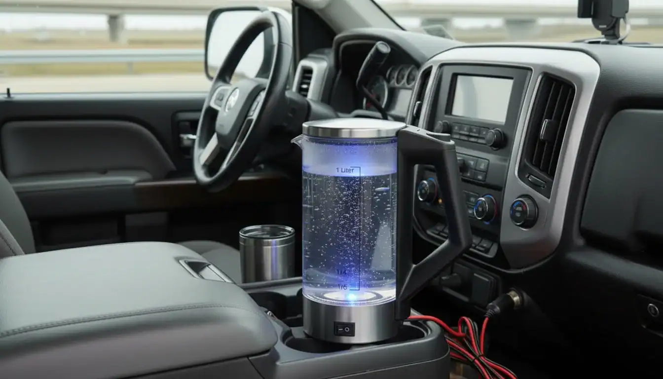 Portable car humidifier with LED light inside vehicle dashboard.