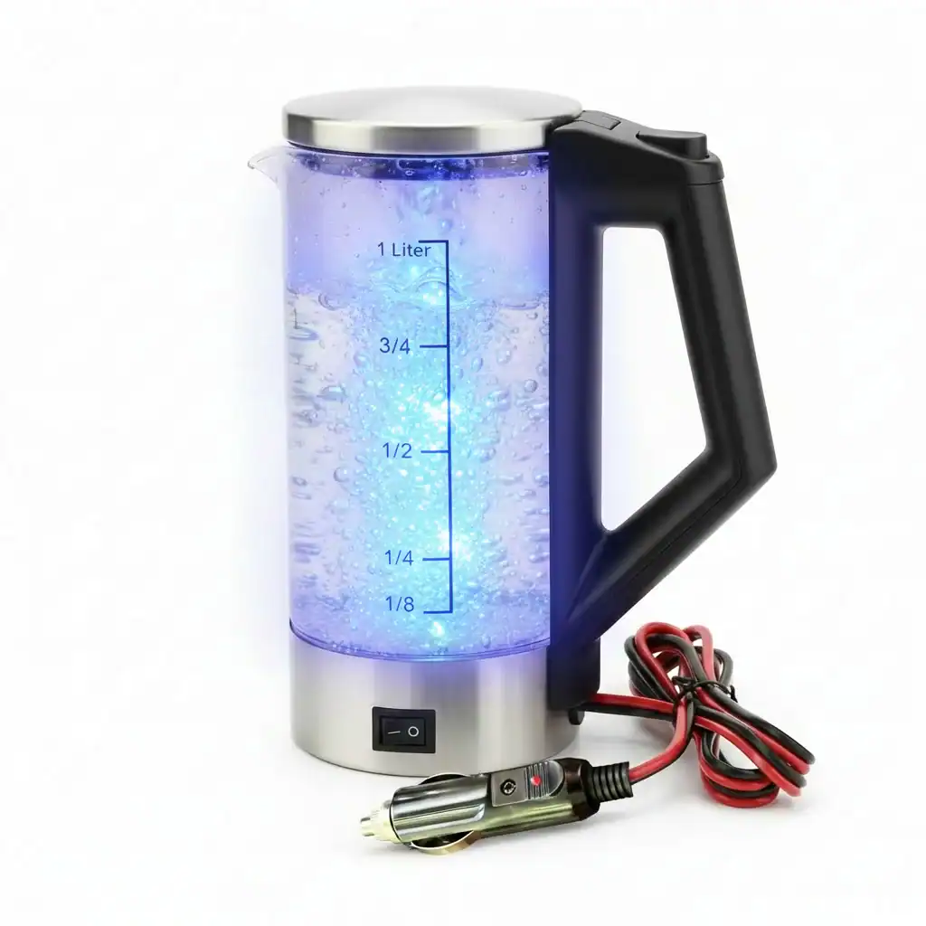 Car portable water heater with USB and car charger for travel and camping.
