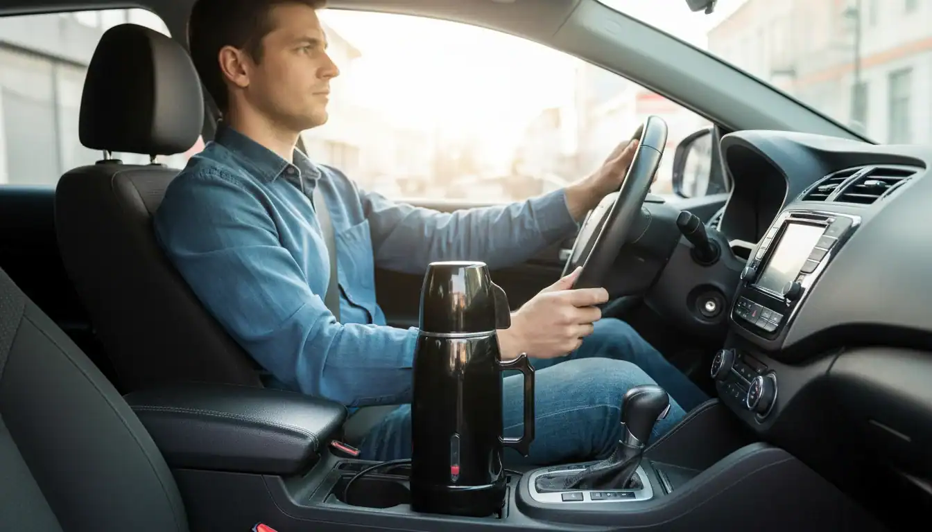 Car interior with driver holding steering wheel and coffee mug on center console.