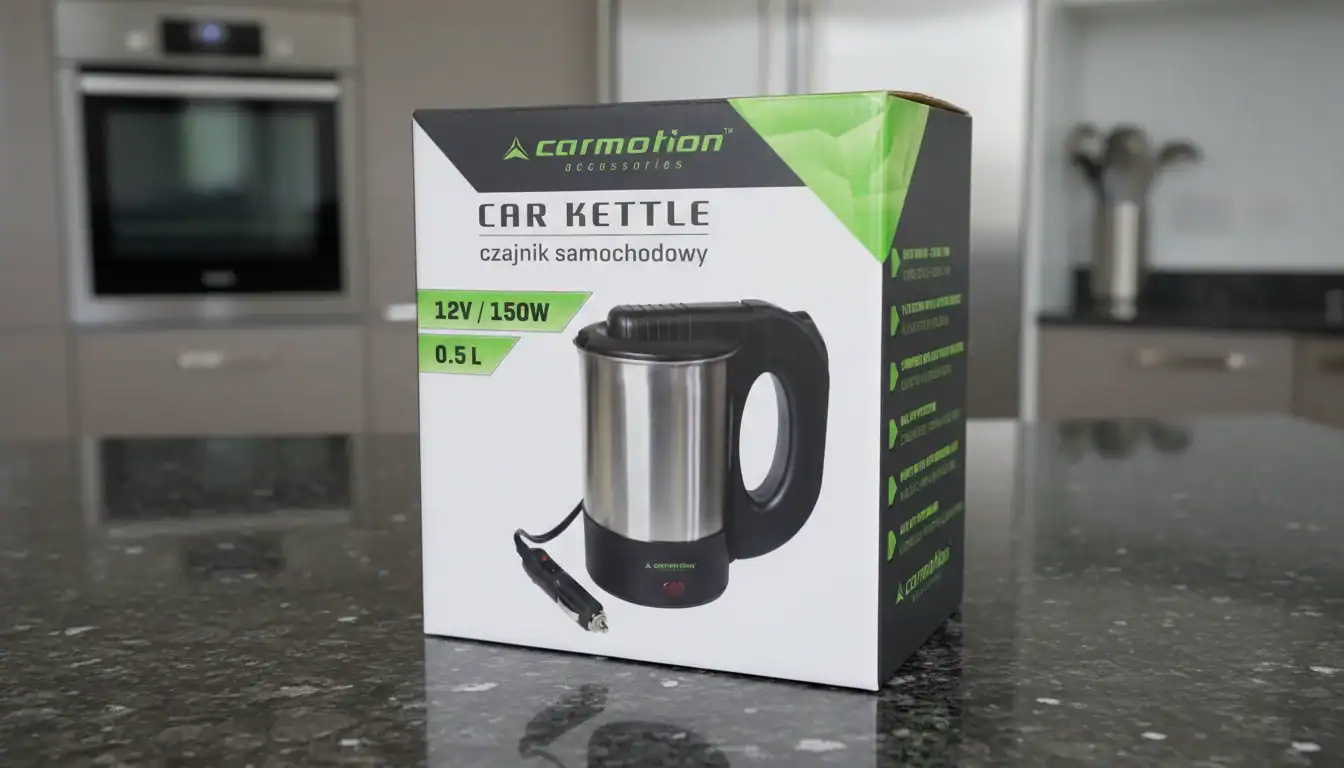 Car kettle for vehicle use, 12V/150W, 0.5L capacity, ideal for travel.