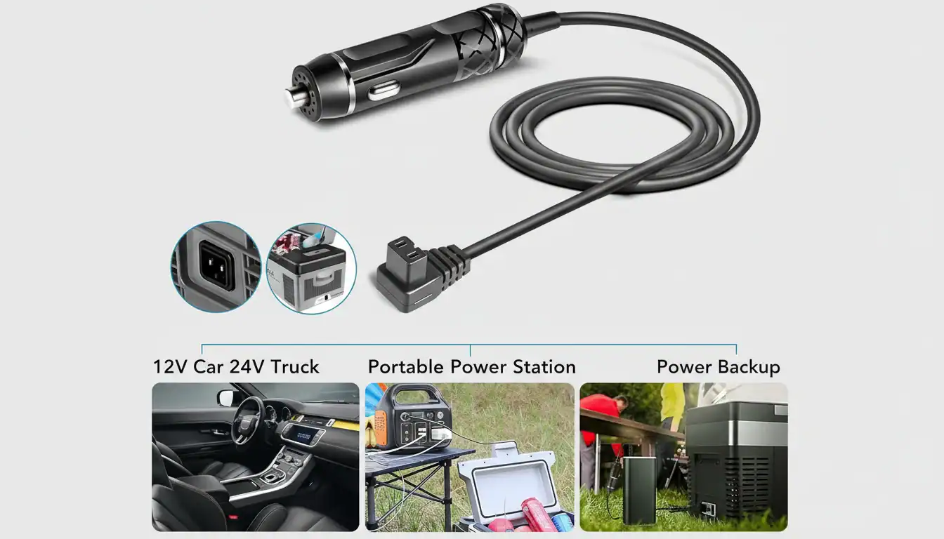 Car power adapter with cable and its various applications, including vehicle interior, portable power station, outdoor setup, and power backup.