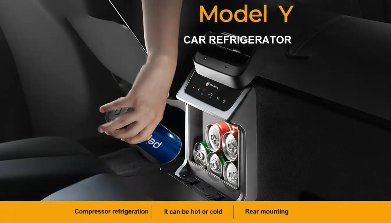 KelyLands Car Accessory Model Y car refrigerator for beverages and snacks.