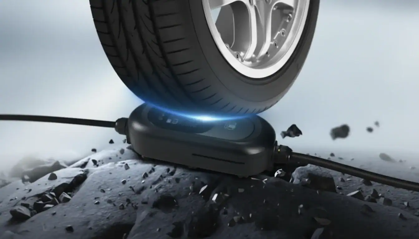 إطار سيارة يستند على مضخة هواء مدمجة، مما يوضح تصميمه المتين. الإطار والمضخة على سطح صخري، مما يوضح متانته.