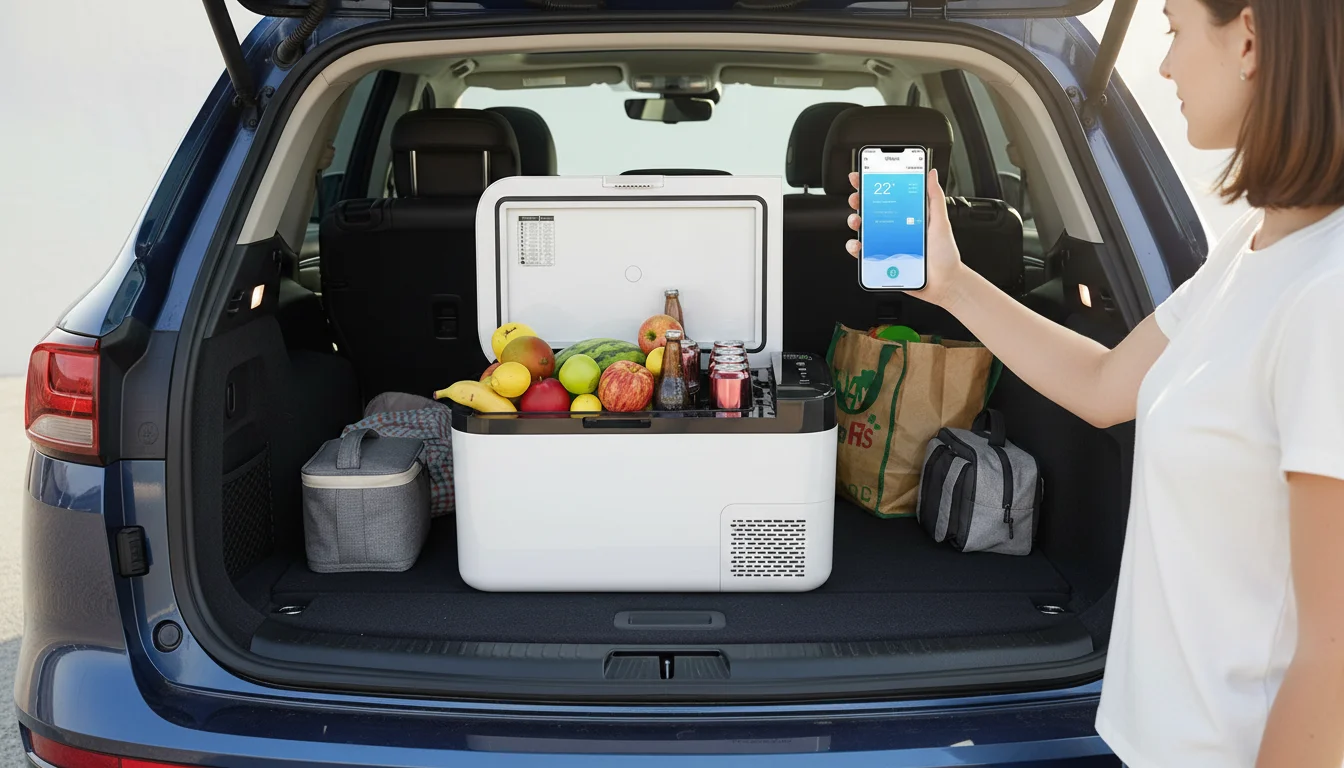 과일과 음료가 가득 담긴 전기 쿨러가 있는 자동차 트렁크. 한 사람이 쿨러의 제어 앱이 표시된 스마트폰을 들고 있습니다.