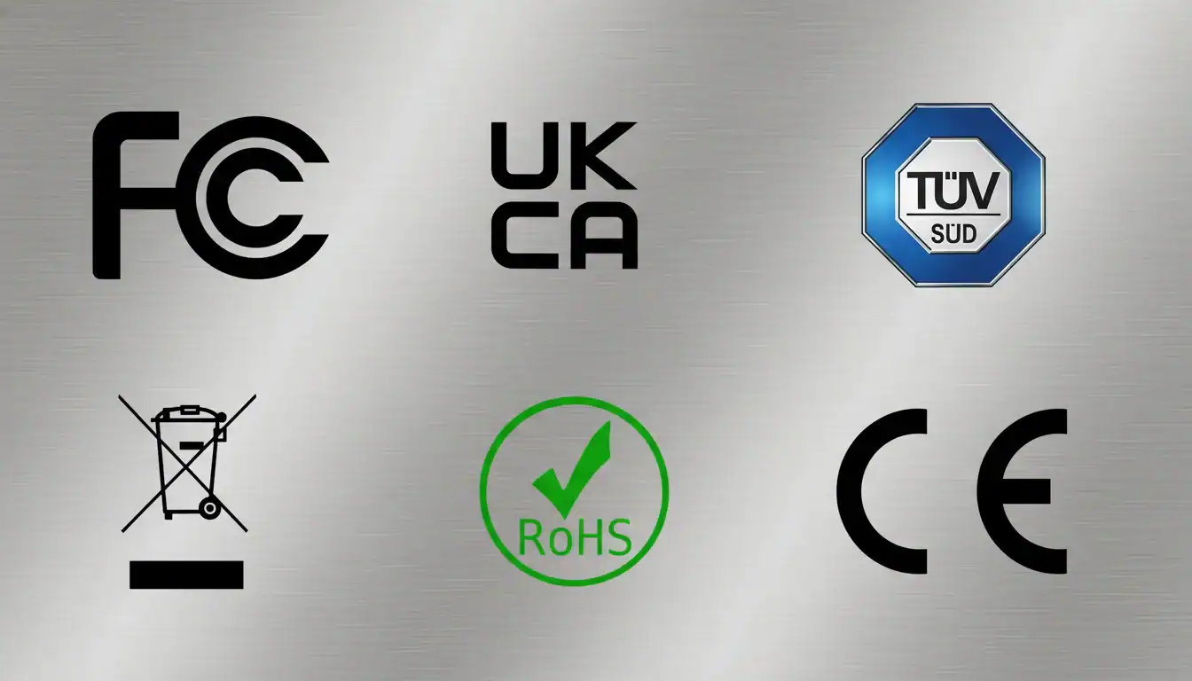 Various certification logos including FCC, UKCA, TUV SUD, RoHS, and CE on a metallic background, symbolizing compliance and standards.