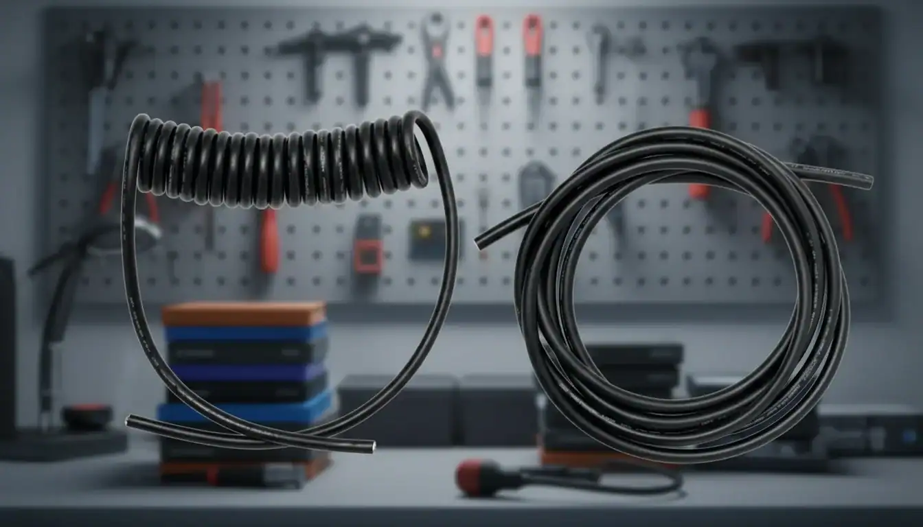 Câble noir enroulé sur une table d'atelier avec des outils suspendus à un tableau en arrière-plan.