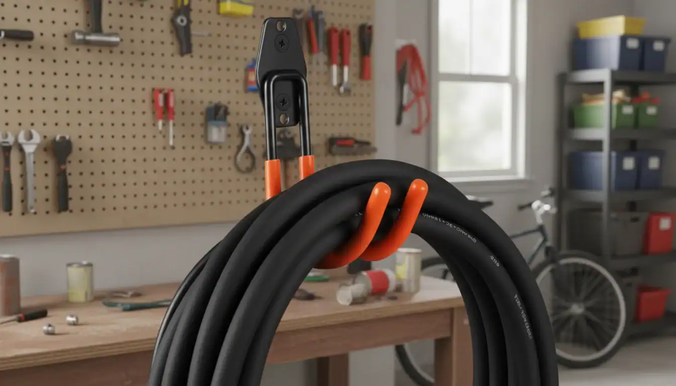 Скрученный черный кабель висит на оранжевых крюках в гараже-мастерской. На заднем плане видны доска с инструментами и велосипед.