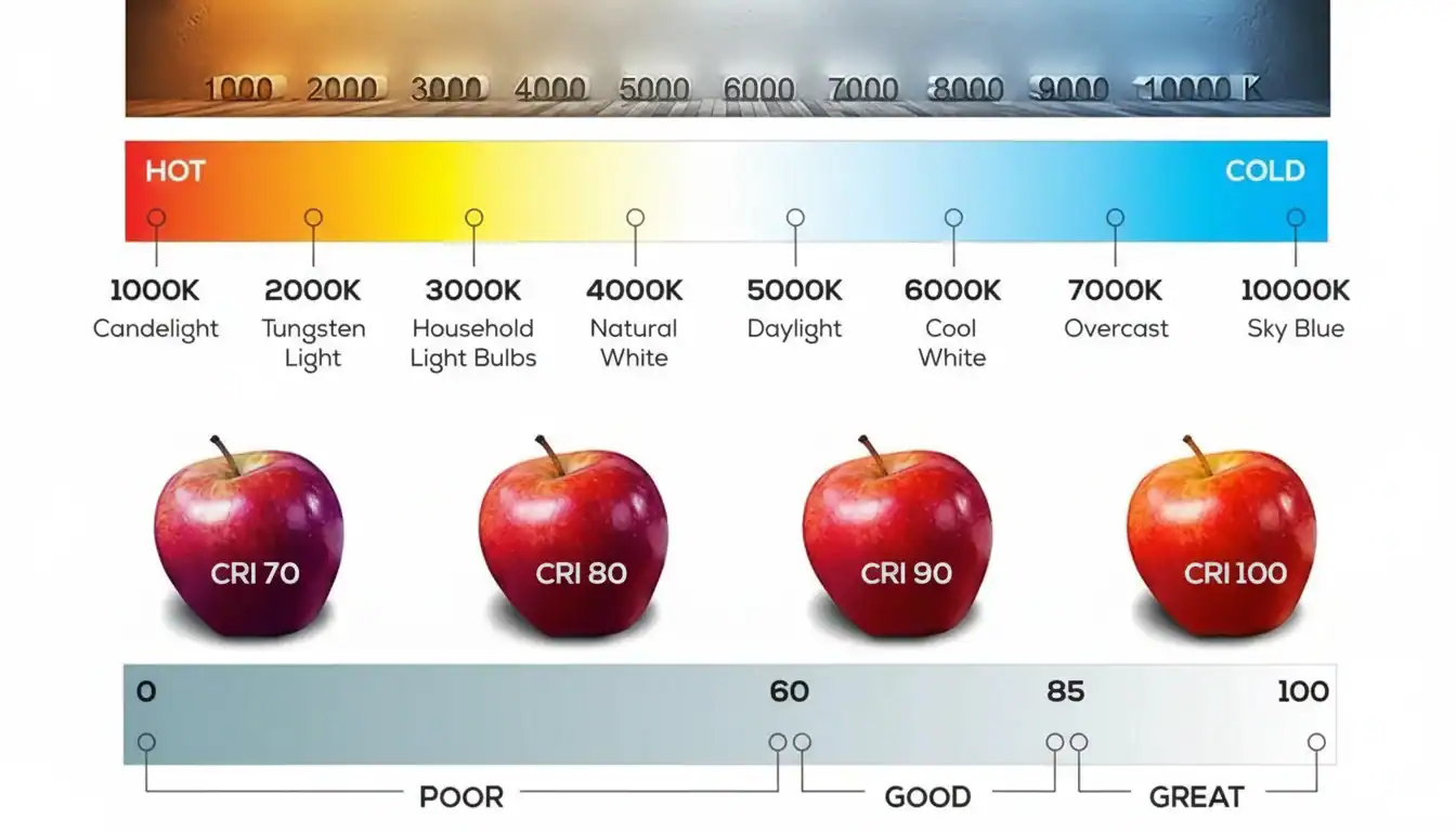 Comparaison des échelles de température de couleur de 1000K à 10000K avec les pommes IRC correspondantes montrant différents effets d'éclairage, de la lumière de la bougie au bleu ciel.