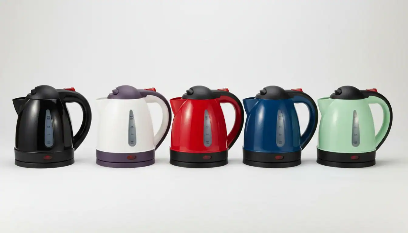 Five electric kettles in black, white, red, blue, and green, displayed in a row on a plain background.
