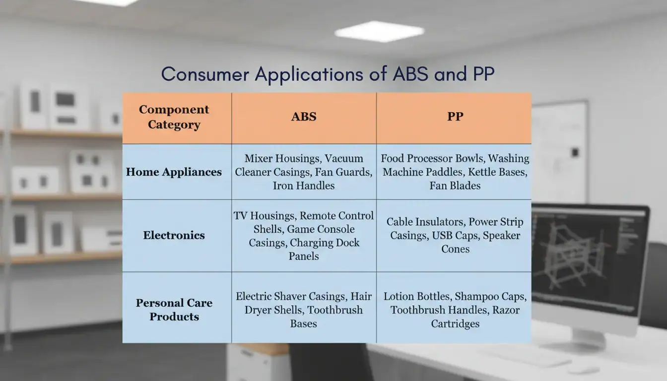Сравнительная таблица потребительских применений материалов ABS и PP в бытовой технике, электронике и средствах личной гигиены.