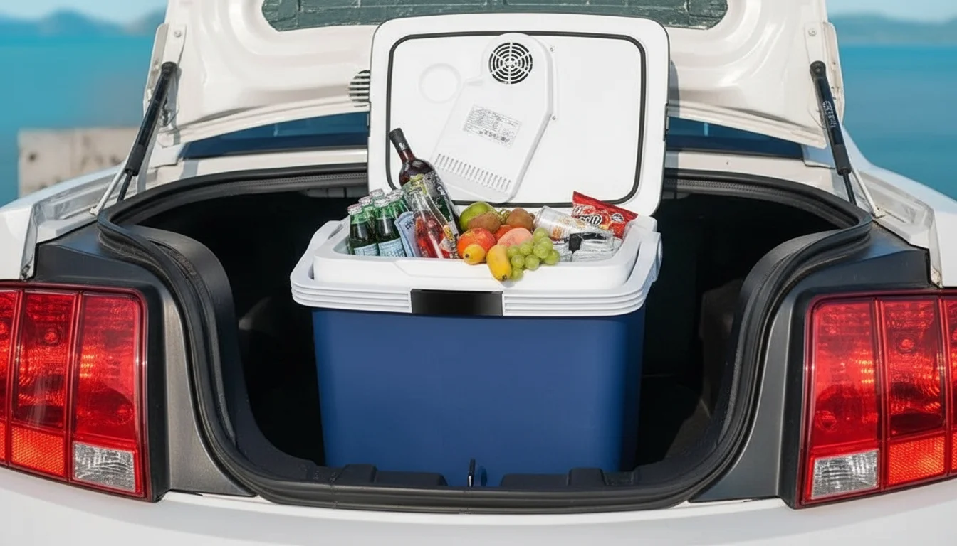 Open car trunk with a cooler filled with drinks and fruit, set against a beach backdrop.
