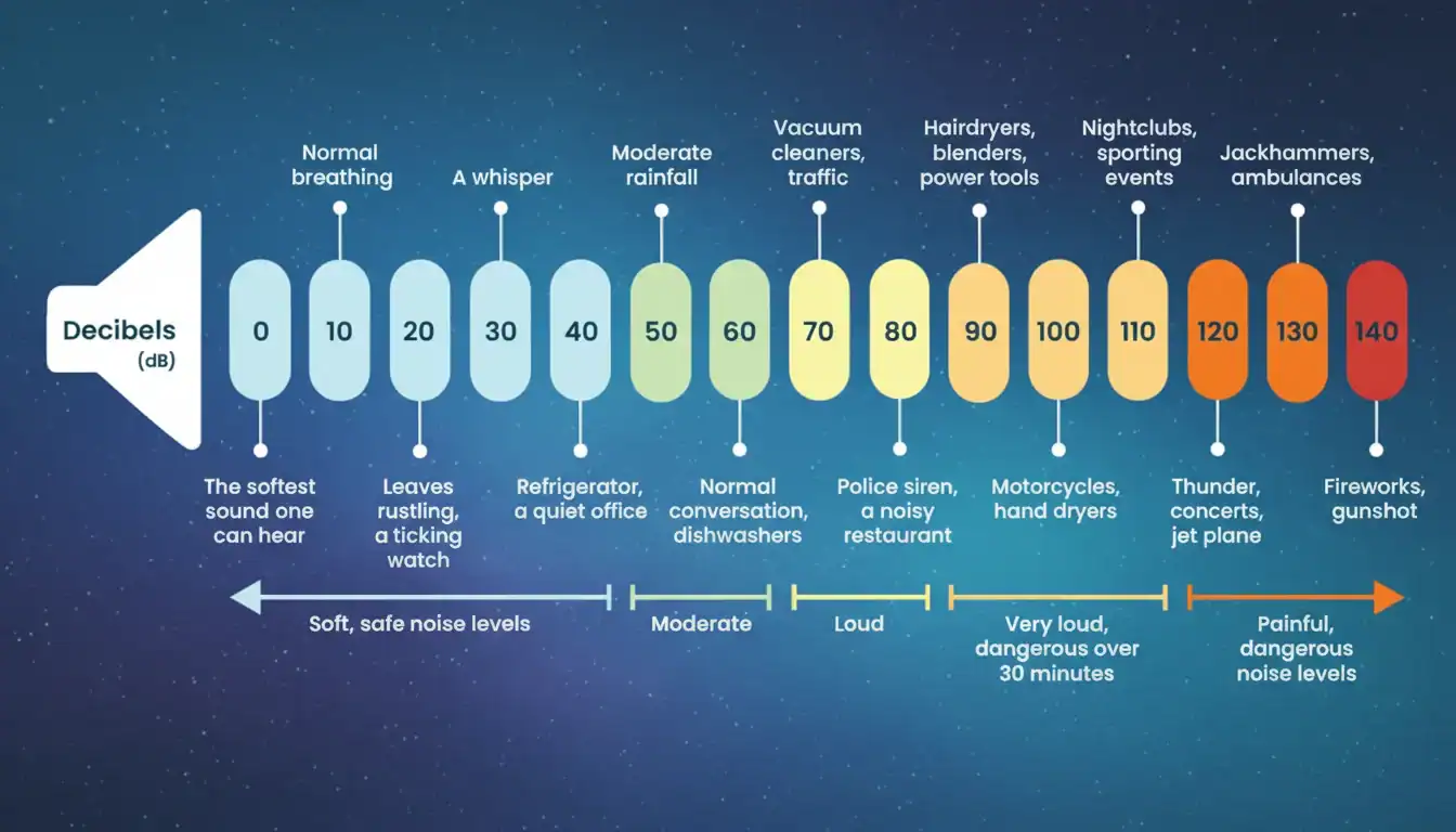 Chart illustrating decibel levels from 0 to 140 with examples like whisper, moderate rainfall, and fireworks. Shows safe and dangerous zones.