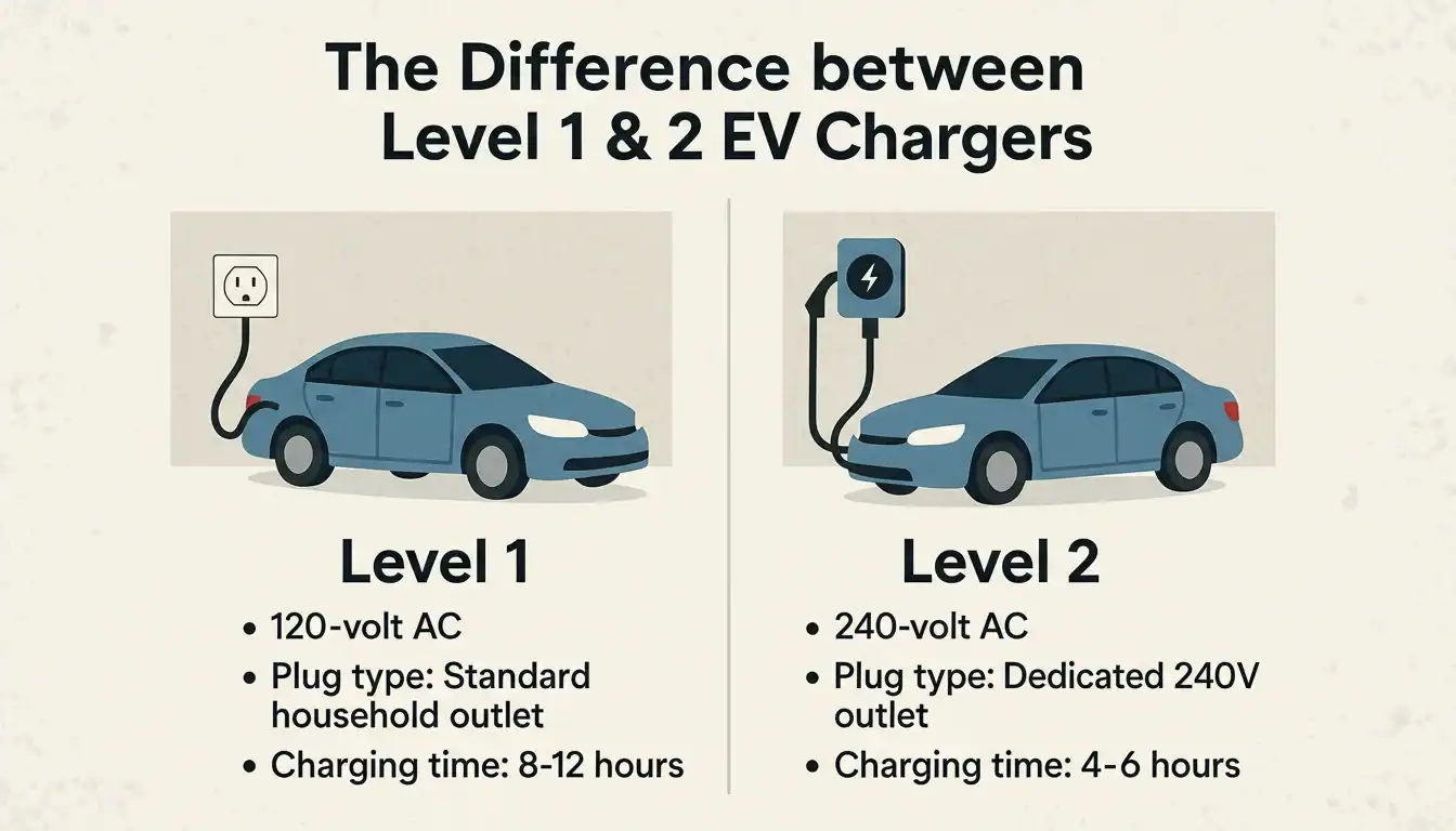 Illustration comparing Level 1 and Level 2 electric vehicle chargers, highlighting voltage, plug type, and charging time differences.