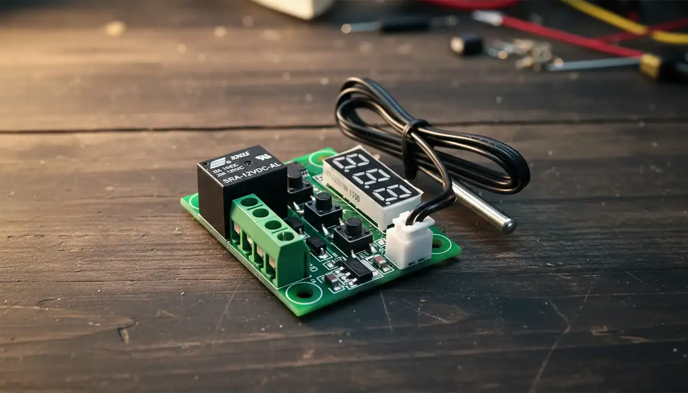 Digital temperature controller module with LED display and probe on a wooden table.