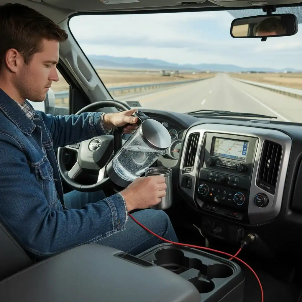 Recharge d'un véhicule avec un accessoire de voiture portable dans un intérieur de voiture moderne sur une autoroute.