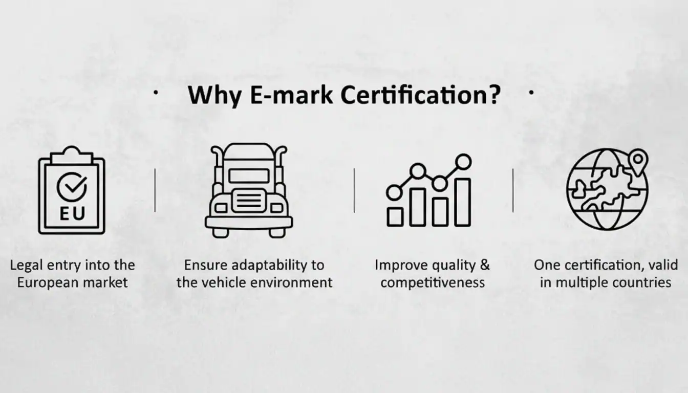 Infographic on E-mark certification benefits including EU market entry, vehicle adaptability, quality improvement, and multinational validity.