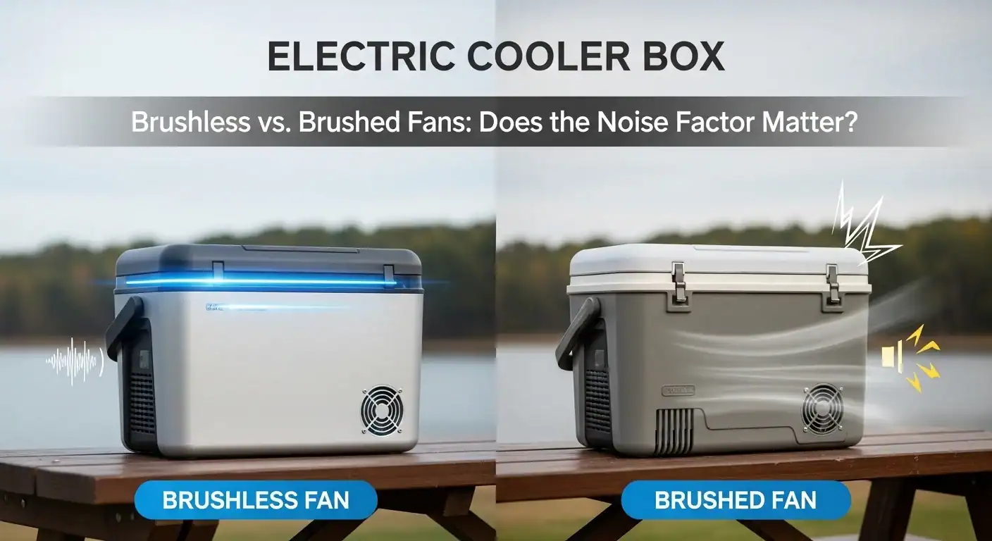 Side-by-side comparison of electric coolers, one with a brushless fan emitting blue light and one with a brushed fan emitting noise.