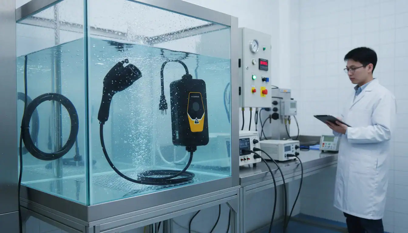 Electric device submerged in water for testing in a laboratory with a technician in a white coat using a tablet.
