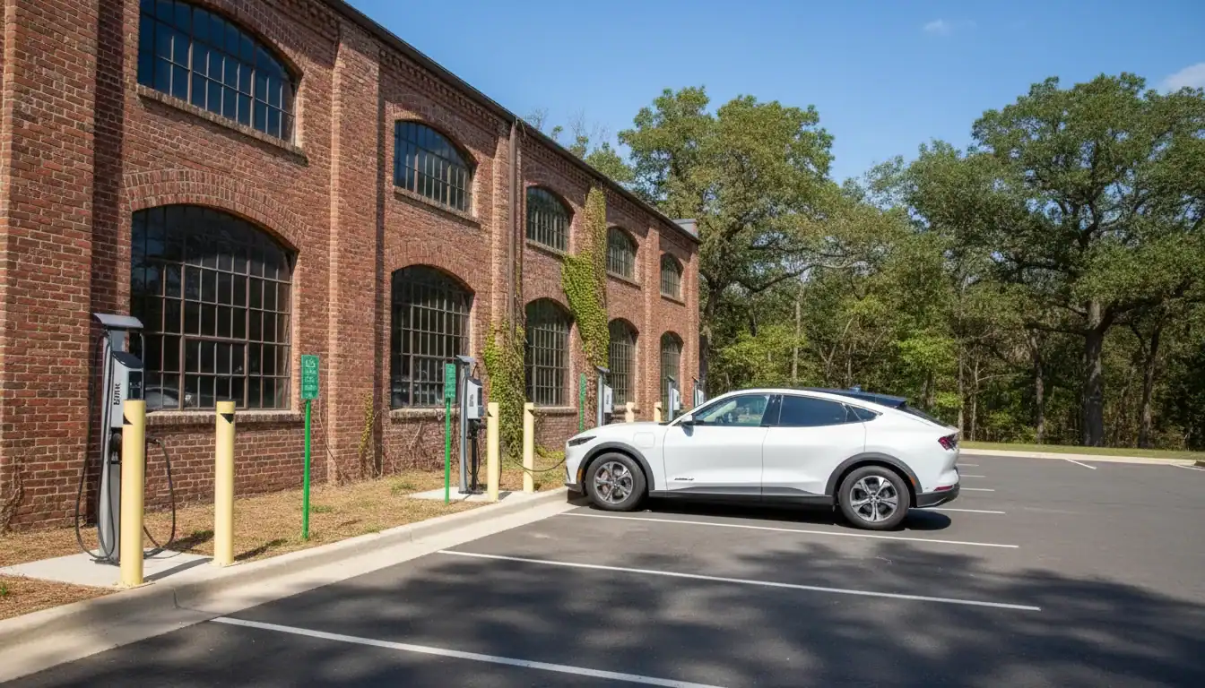A white electric car parked and charging at a station next to a historic brick building with arched windows.