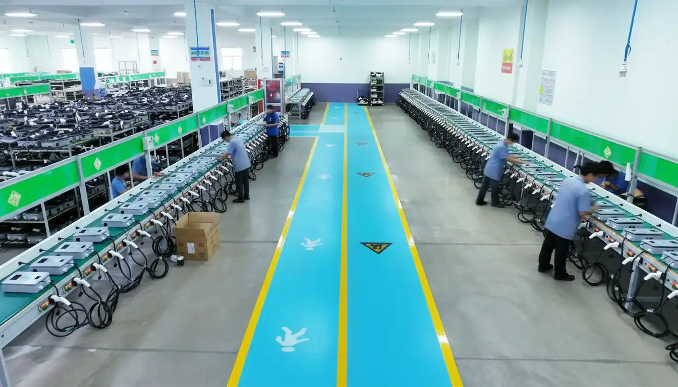 Tech bicycle repair station with multiple workbenches and tools in a spacious, well-lit workshop.