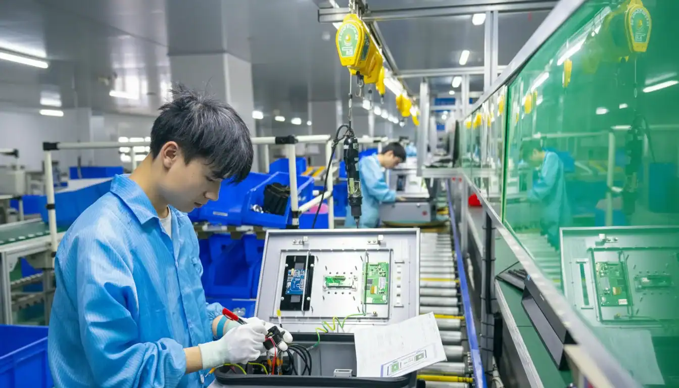 Workers assembling electronic car accessories in a modern factory setting.
