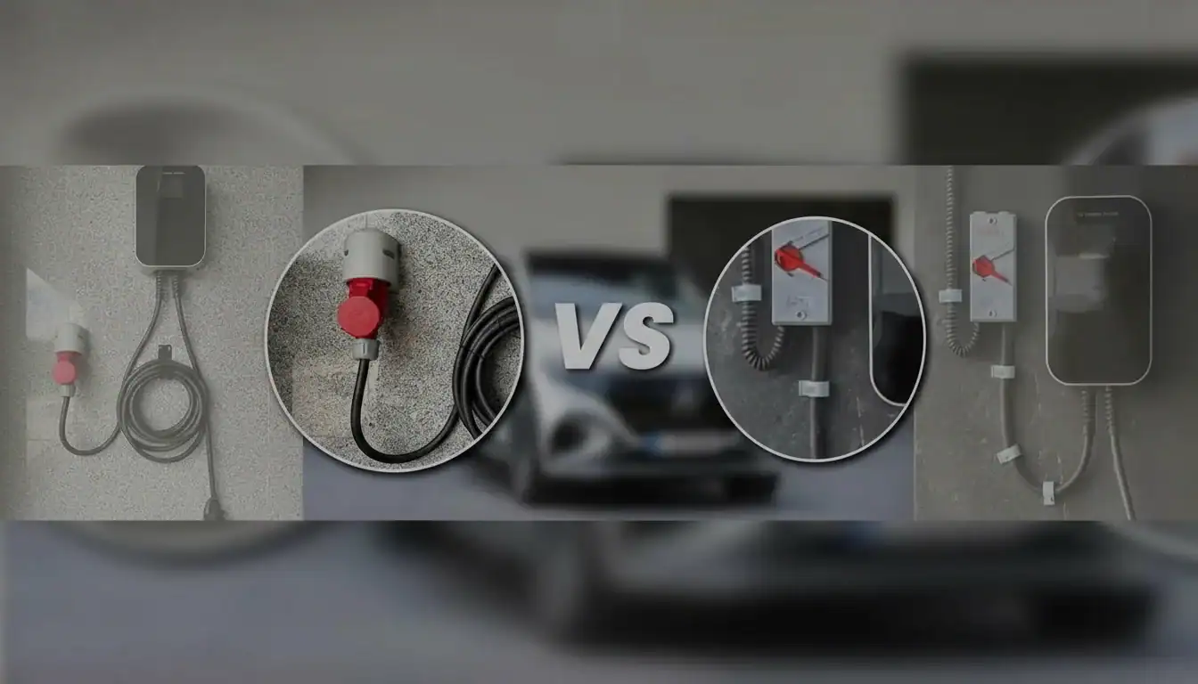 Two types of electric vehicle charging setups compared side by side, featuring different plug designs and configurations.