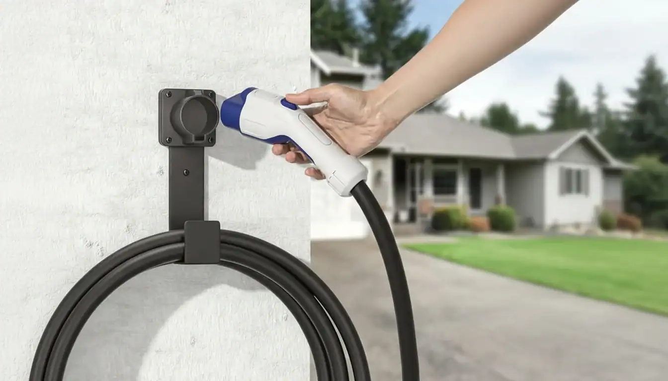 Человек подключает зарядное устройство EV к розетке, установленной на стене вне дома, что подчеркивает удобство его установки.