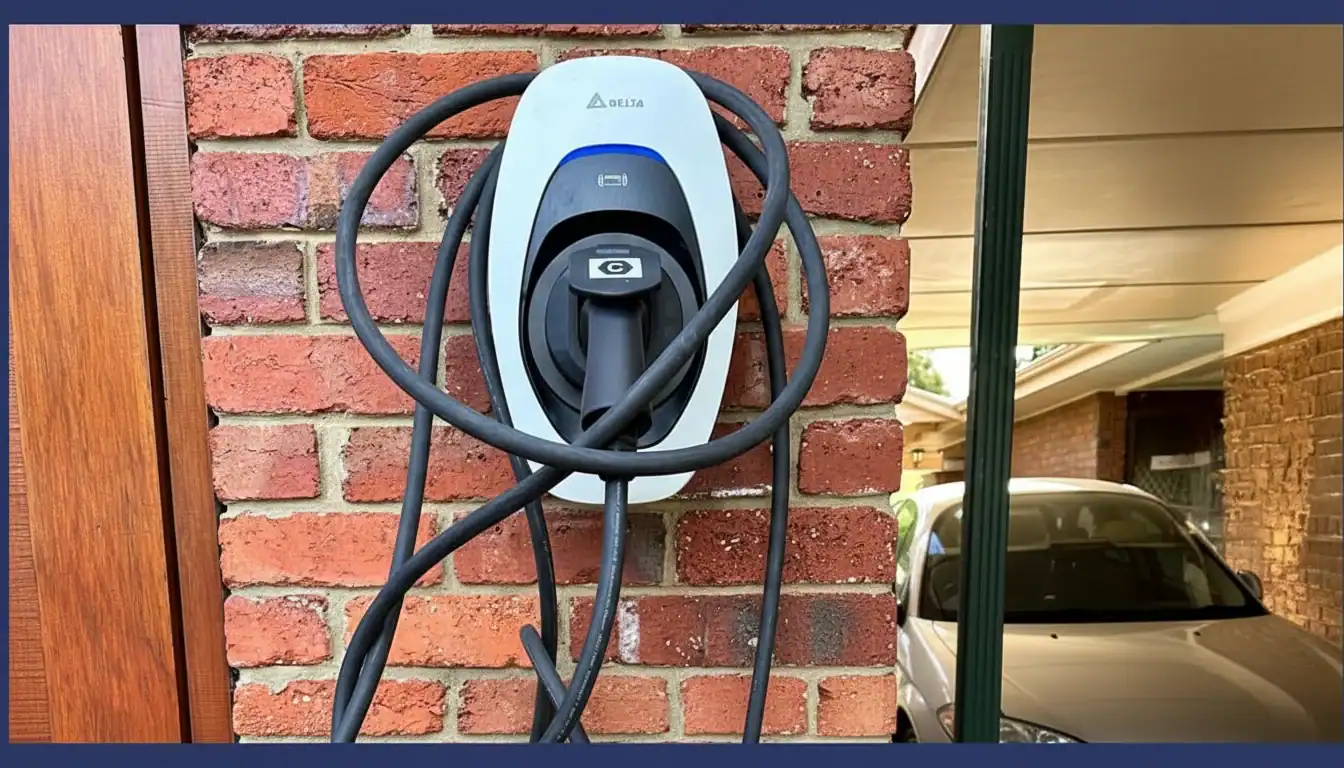 Station de recharge pour VE montée sur un mur en briques, avec un câble de recharge enroulé autour d'elle.