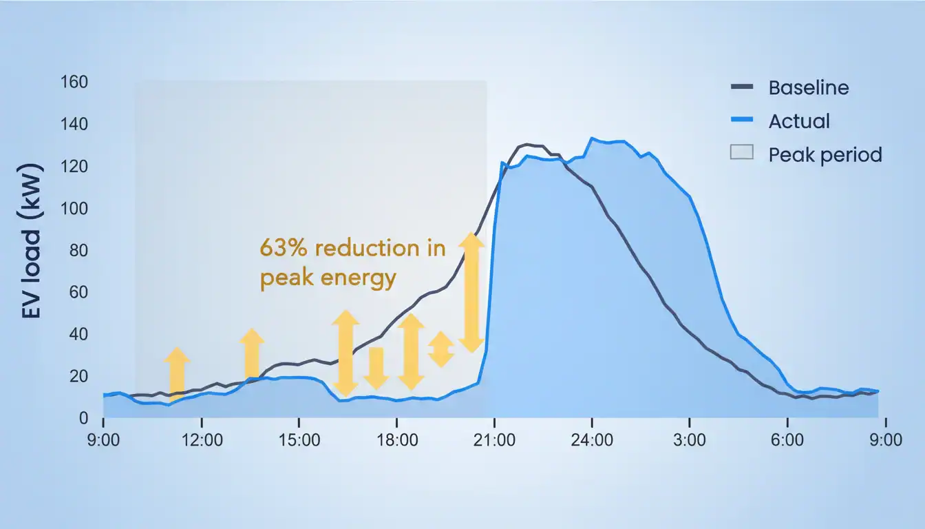 Line chart showing electric vehicle load reduction with baseline and actual data. Highlights a 63% reduction in peak energy.
