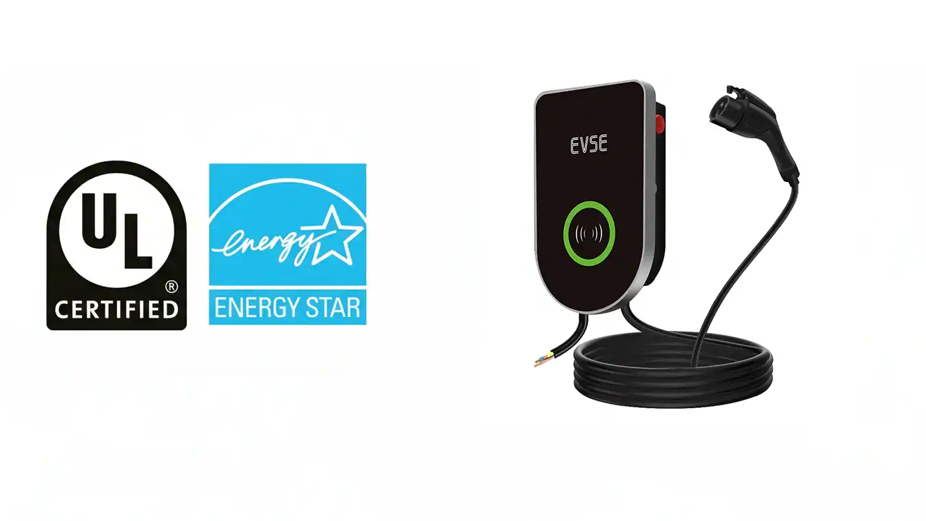 Wireless car charger with EVSE compatibility and energy-efficient features, UL certified for safety.