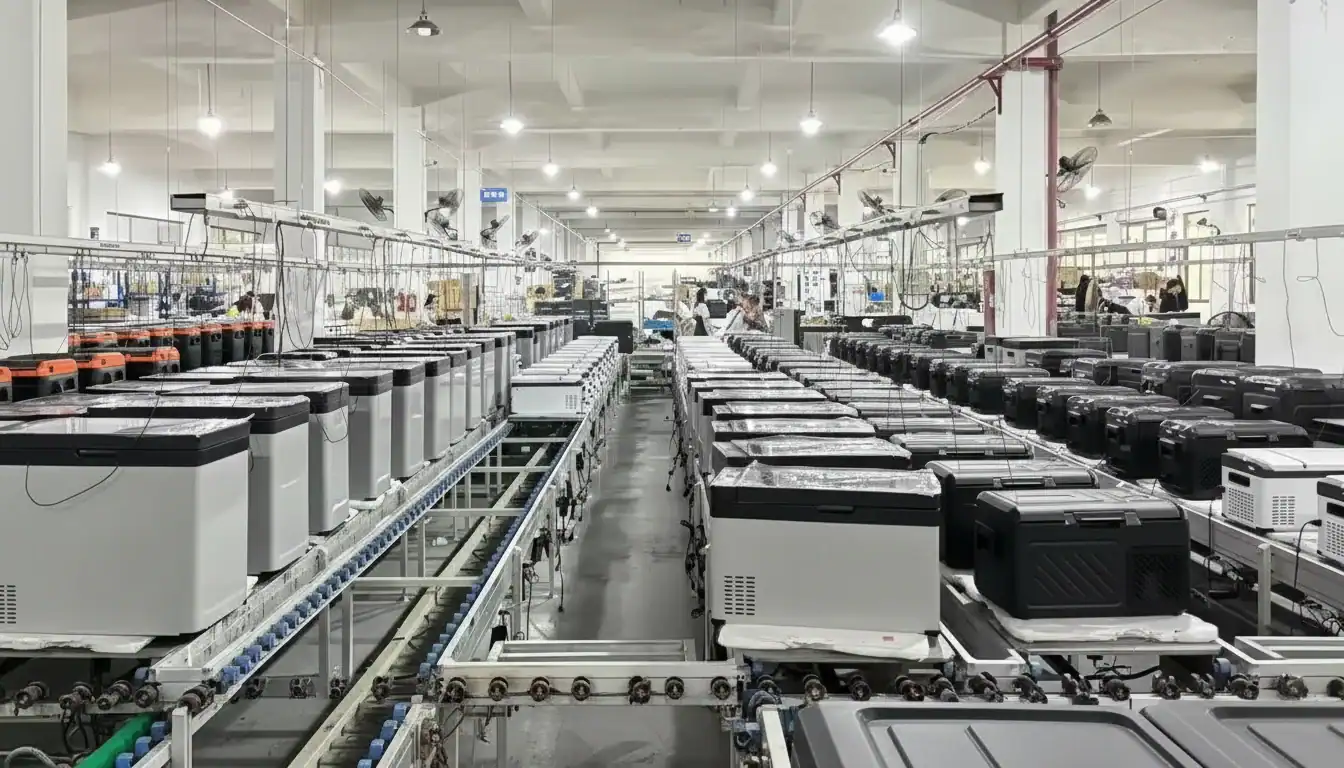 Usine industrielle avec ligne de production d’accessoires automobiles et machines.