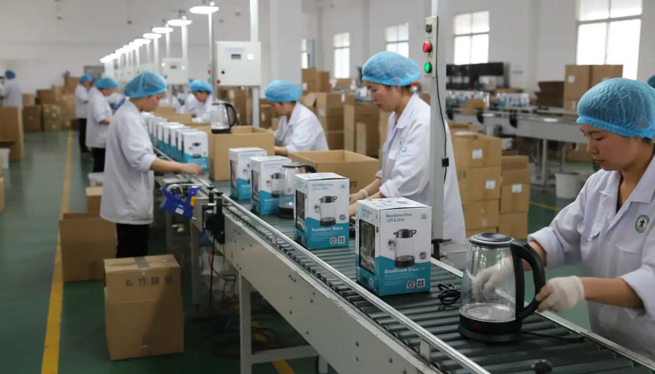 Factory workers assembling KelyLands car accessories in a production line.