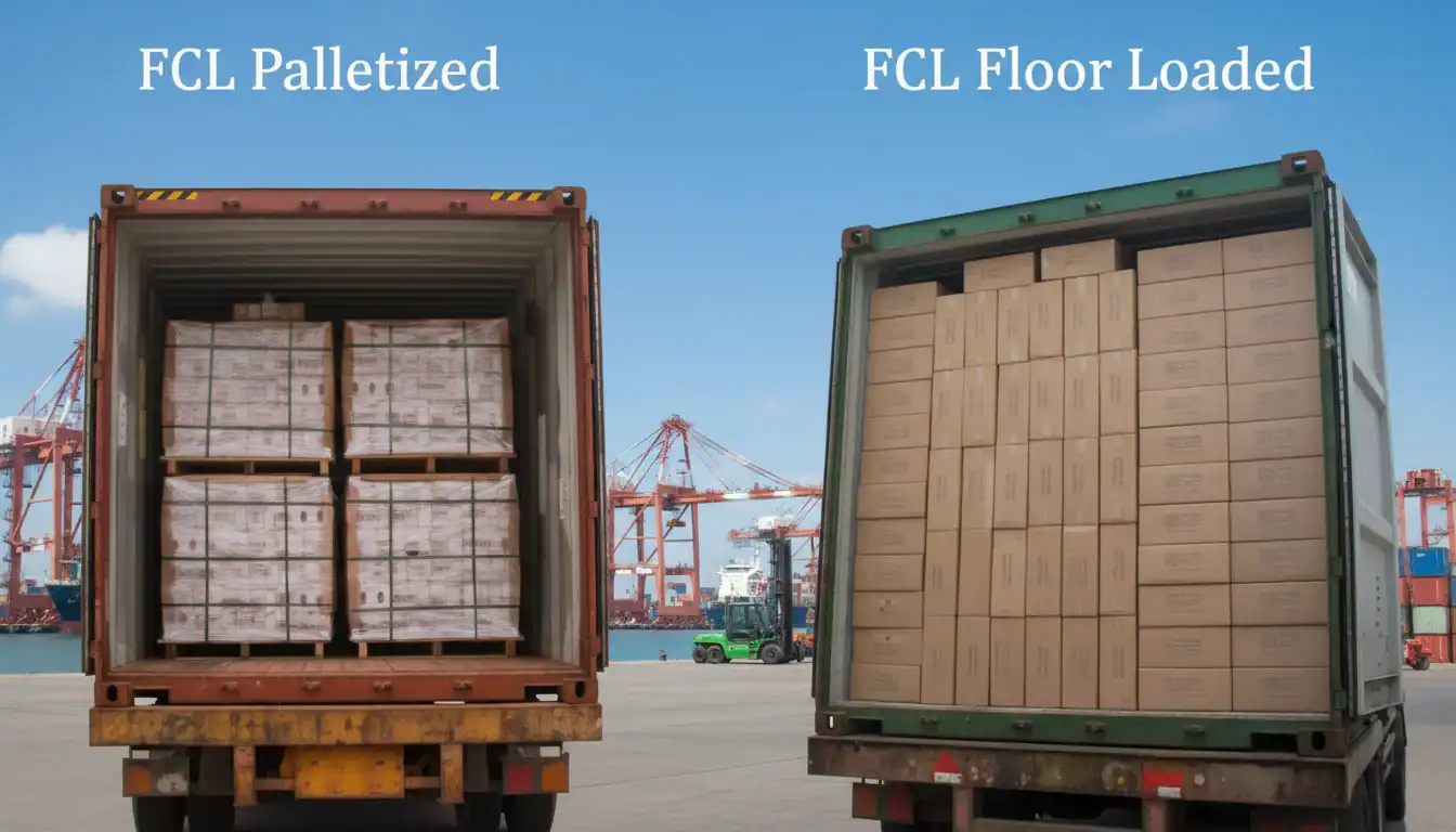 크레인을 배경으로 항구에서 FCL 팔레트화 및 바닥 적재 구성을 보여주는 두 개의 선적 컨테이너.