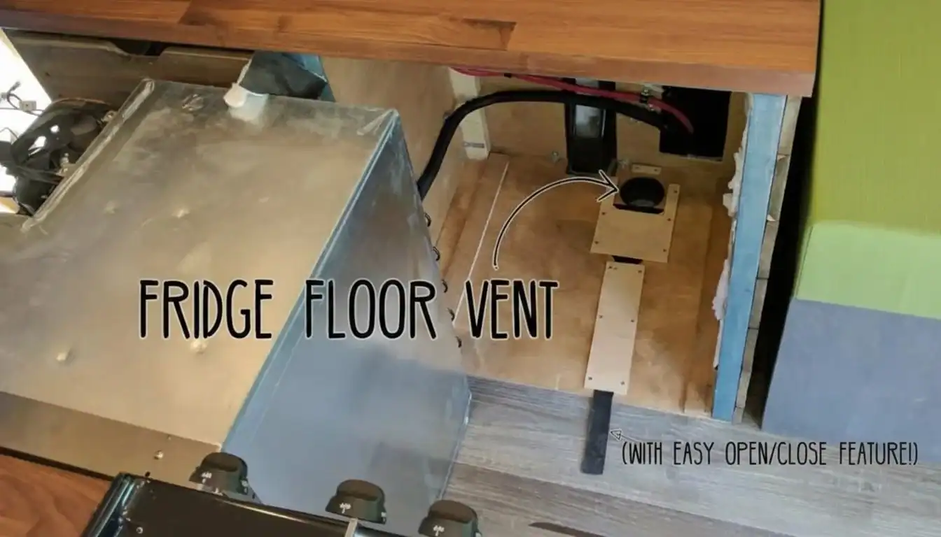 쉽게 열고 닫을 수 있는 냉장고 바닥 통풍구가 목재 조리대 아래에 있으며, 금속 표면과 접근하기 쉬운 디자인이 특징입니다.